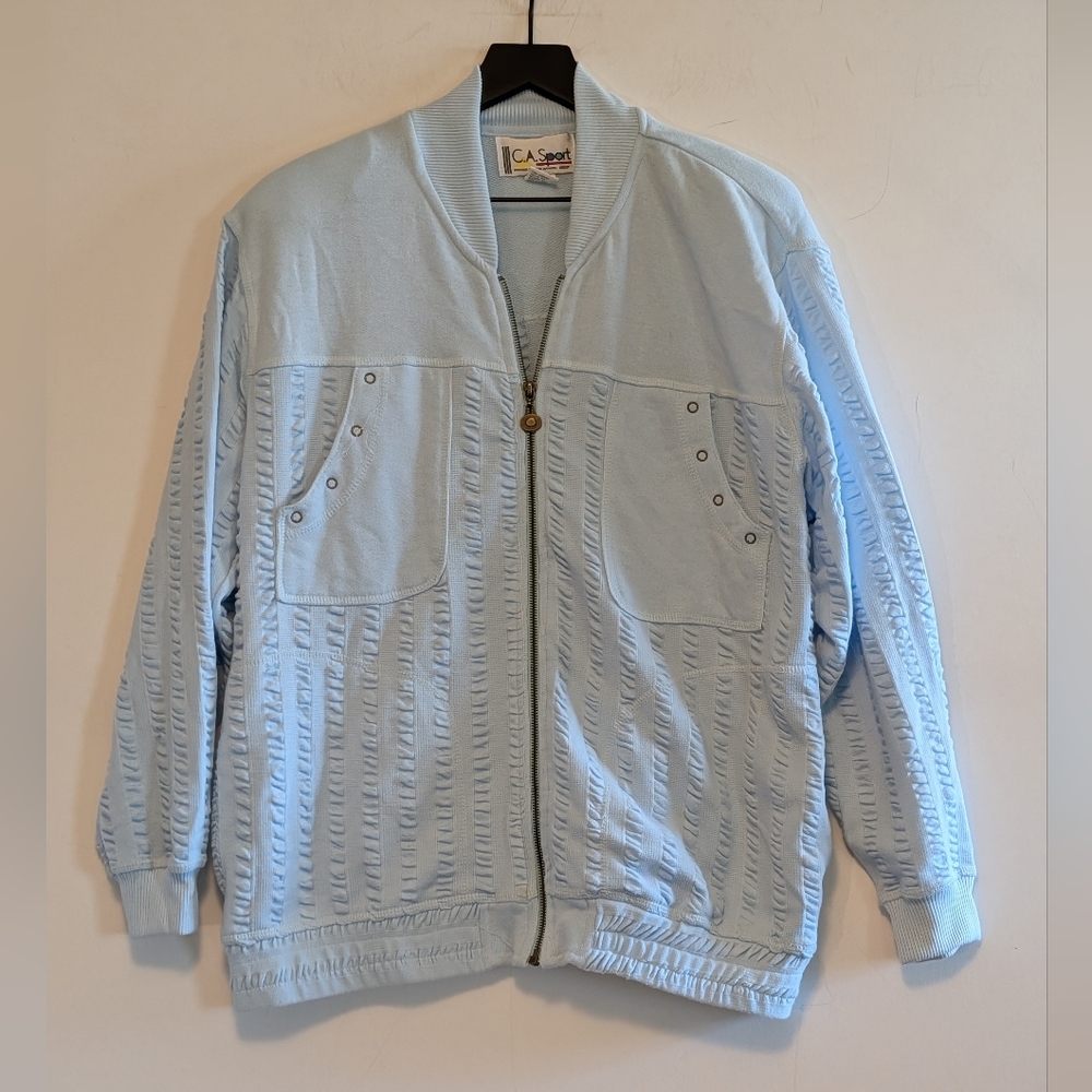 C.A. Sport Vintage Look Blue Zip Up Textured Jacket Retro Pockets Womens Large
